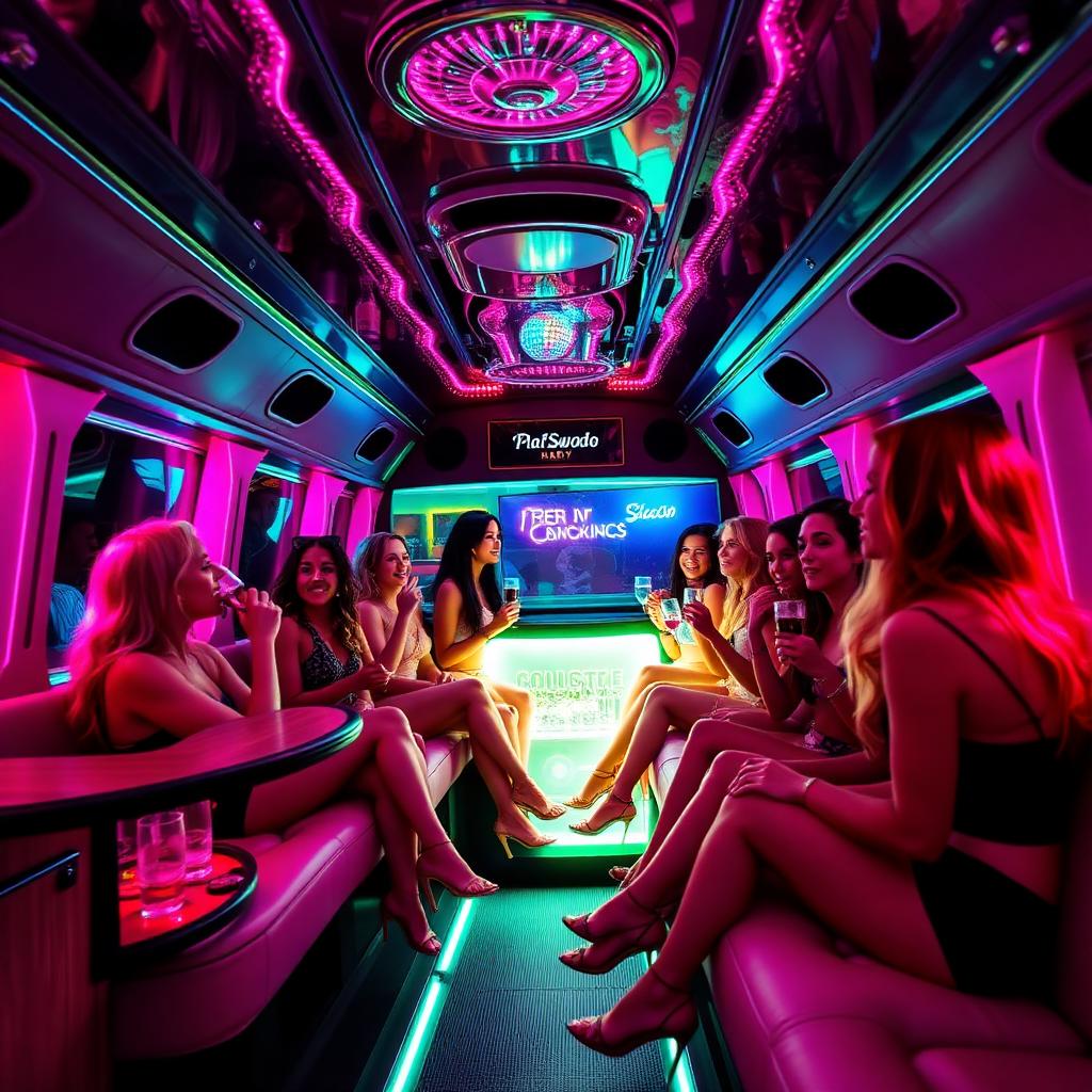 Bus disco rose à Marbella avec lumières et bar pour un groupe d'EVJF