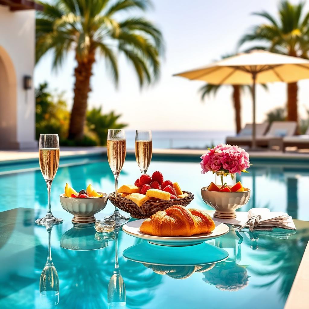Petit-déjeuner champagne servi au bord de la piscine à Marbella avec mimosas et viennoiseries