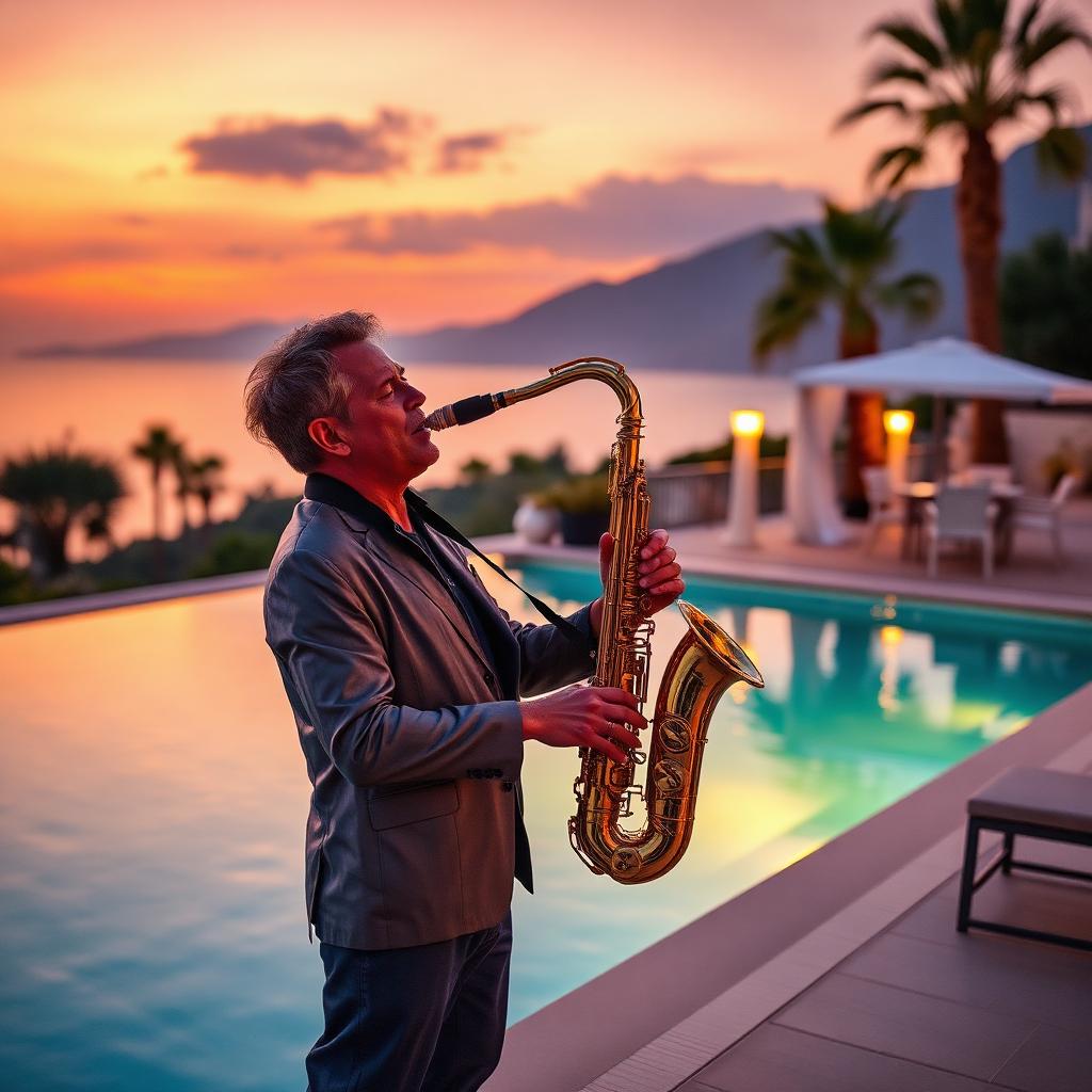 Saxophoniste en live lors d'une pool party glam dans une villa à Marbella au coucher du soleil