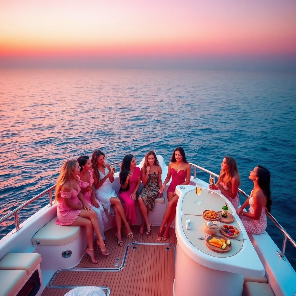 Mini yacht party à Marbella avec un groupe d'EVJF, open bar et snacks au coucher du soleil