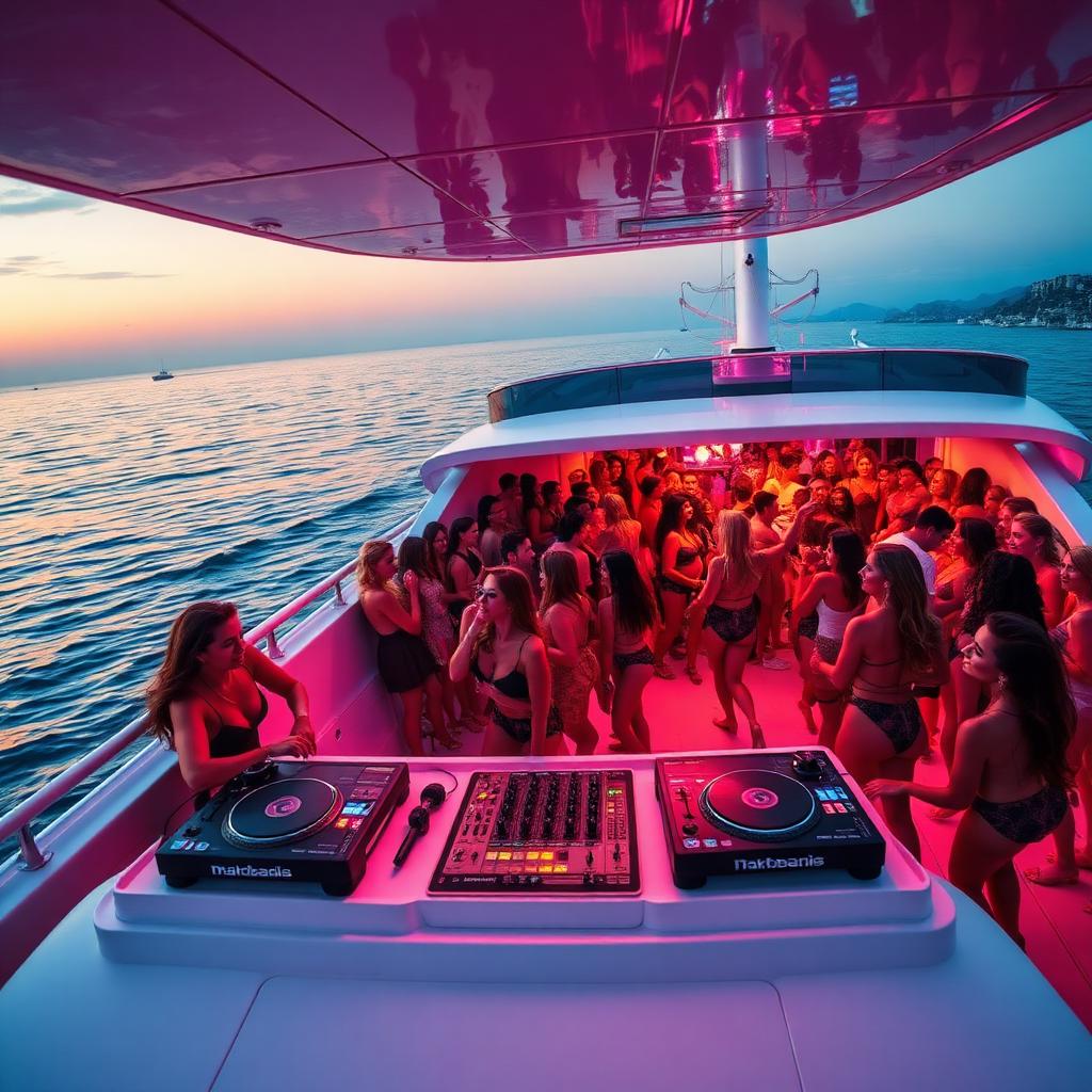 Mega party boat au large de Marbella rempli d'EVJF, avec DJ live et karaoké au coucher du soleil