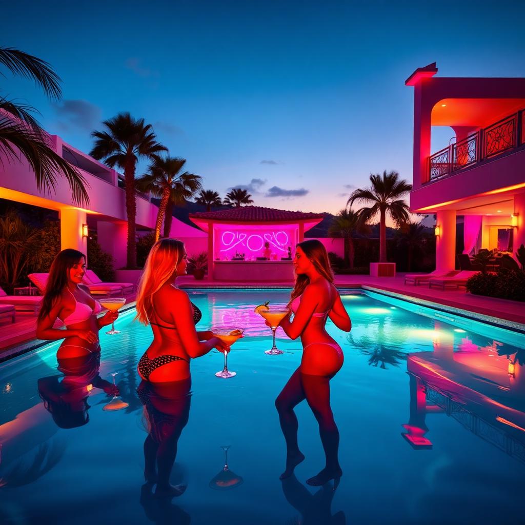Pool party dans une villa à Marbella avec DJ, bikinis et margaritas au coucher du soleil