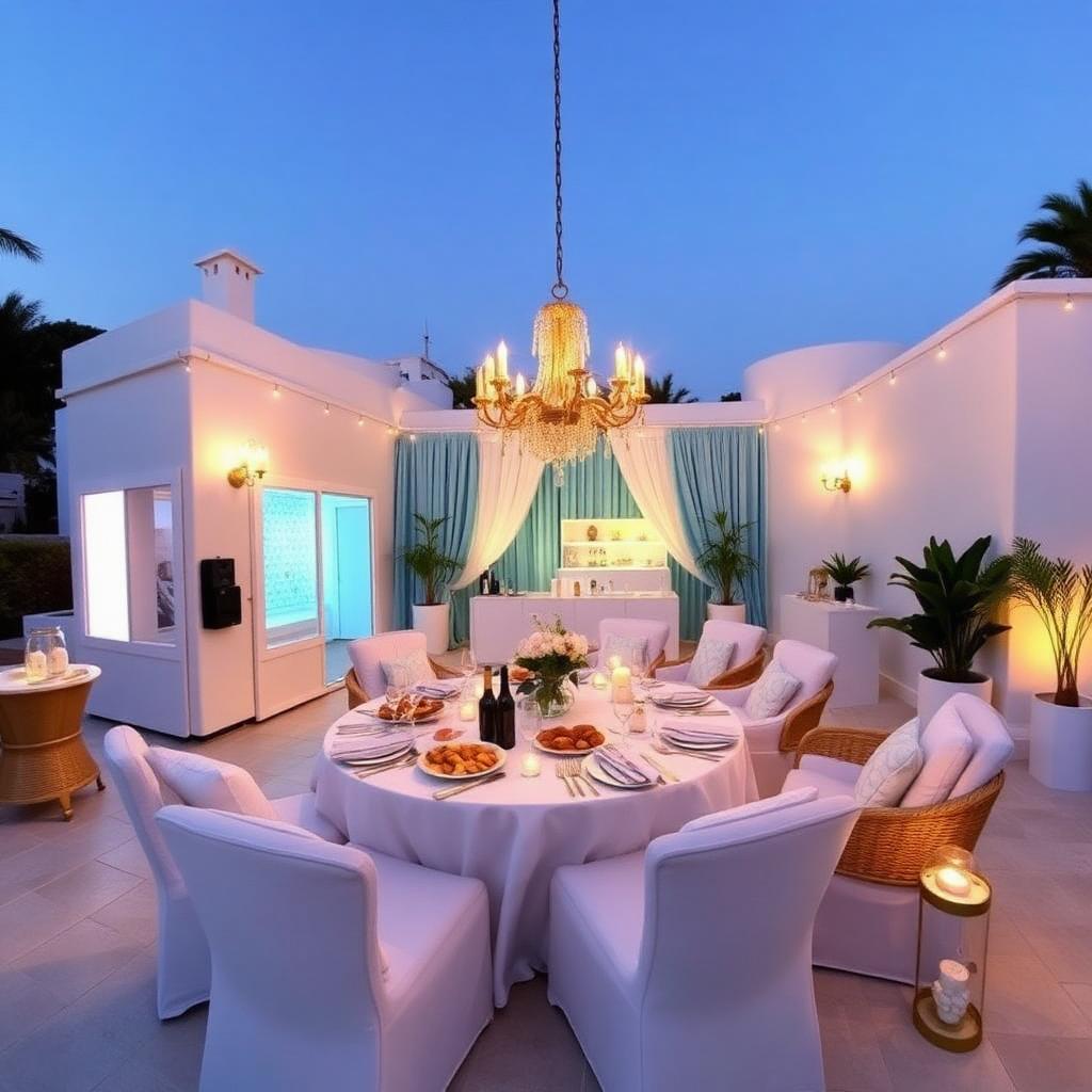 Villa coastal-glam en bleu pastel et or avec photobooth 360 et bar à sangria