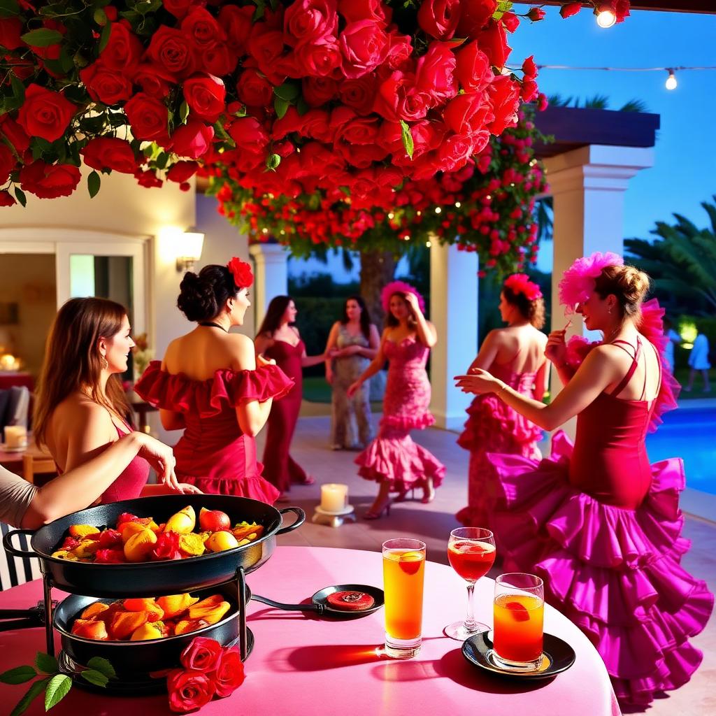 Fiesta flamenco EVJF vibrante dans une villa à Marbella avec roses rouges et paella