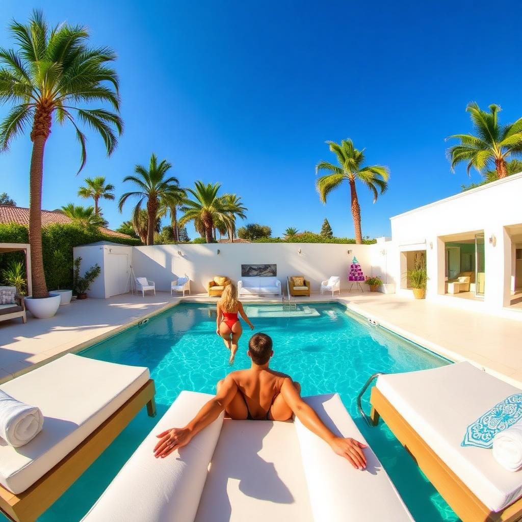 Piscine de villa à Marbella stylée en beach club chic avec DJ et photobooth 360 pour EVJF